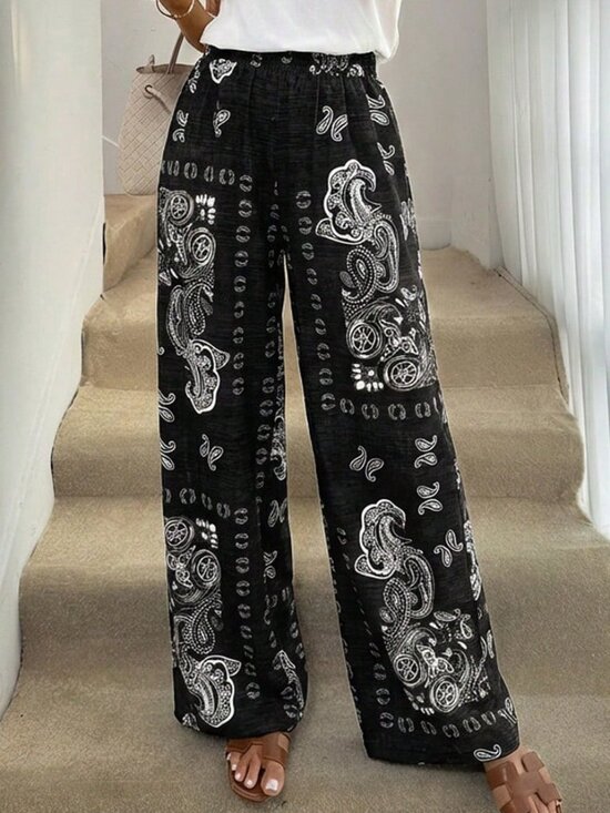 MODA ME COUTURE Pants - Black and White Casual Women's Extra Long Printed Maxi Trousers